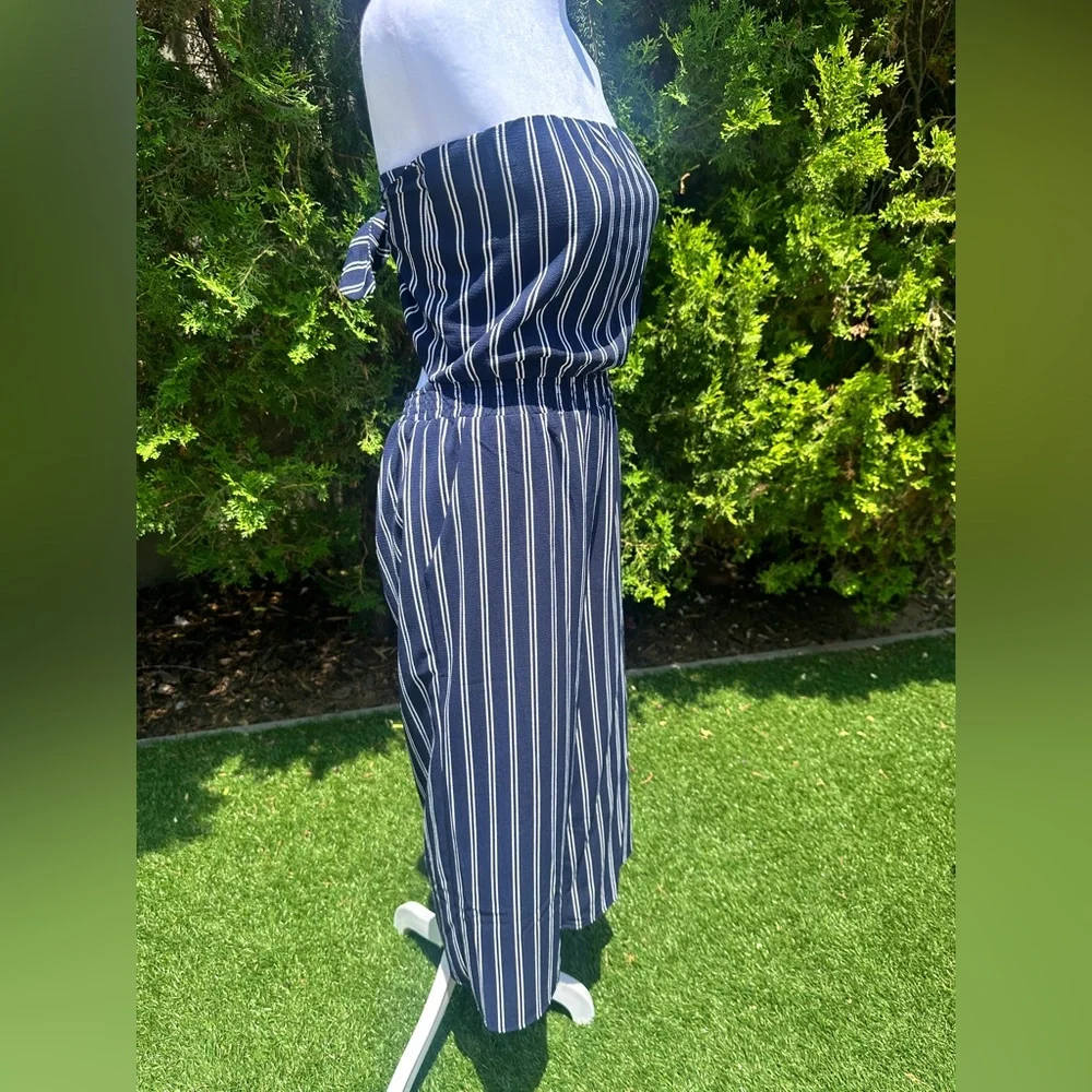 Lulus Saltwater and Sun Navy Blue Striped Strapless Midi Jumpsuit NWOT - Picture 2 of 6